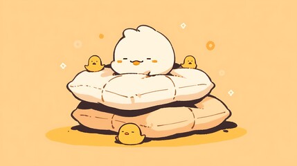 duck lying on pillow, chibi doodle style