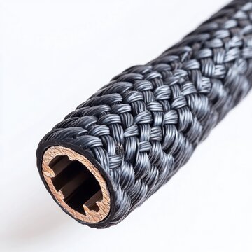 closeup photograph showcasing the intricate pattern and robust construction of a woven industrial textile material in a monochronic graphite color