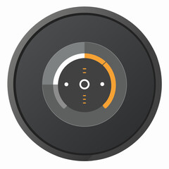 Black and blue button displaying the word prominently in the center.