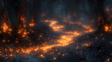 Enchanting path glowing with magical lights in a dark mystical forest.