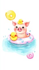 Obraz premium Cute piglet enjoys swim with duck toys in colorful pool