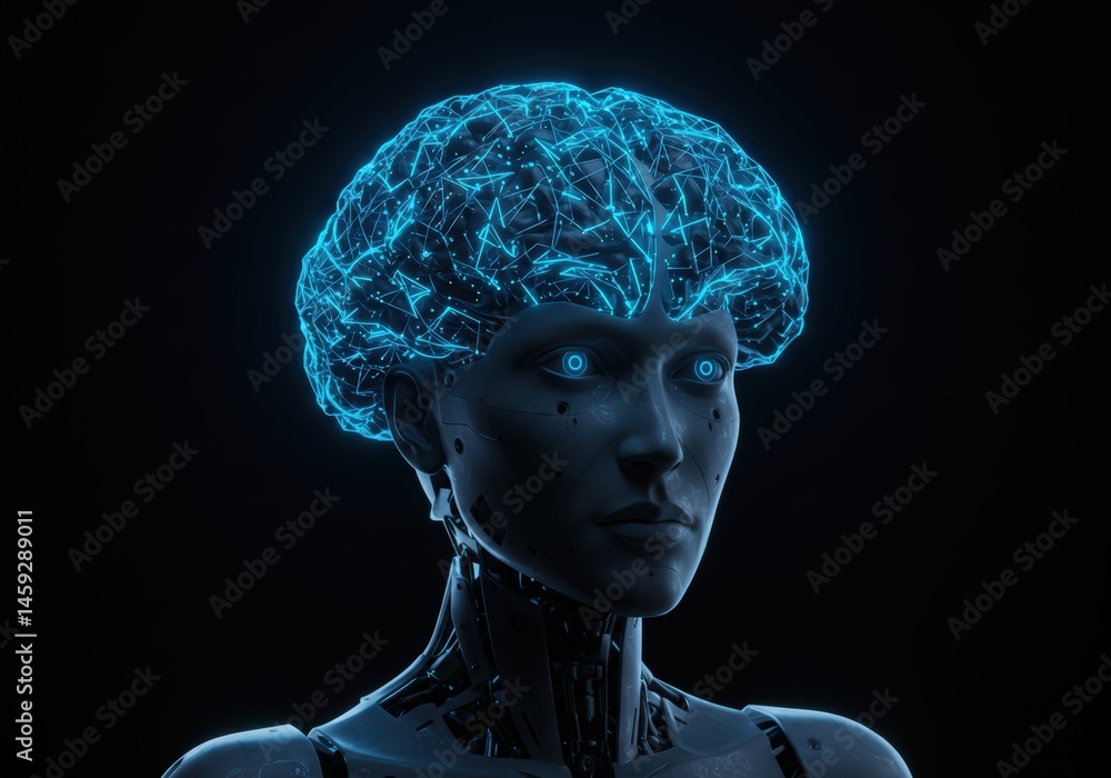 Poster humanoid robot with glowing brain network and digital eyes, representing artificial intelligence con