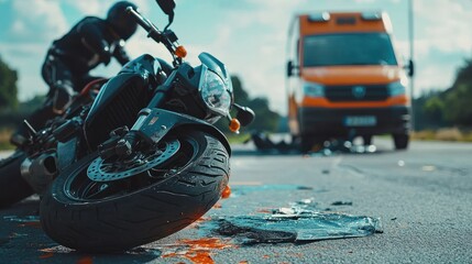 Emergency medical personnel treating a motorcyclist who has fallen off their bike after a crash, with an ambulance in the background