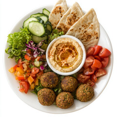 A meticulous close-up of a plate of falafel, served with pita bread, hummus, and a variety of fresh