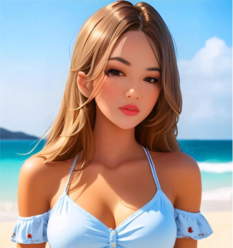 "A portrait of a woman on the beach." She is walking along the beach, with the red wind making her stand out beautifully.