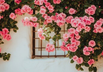 Pink roses cascading over a white wall with a window