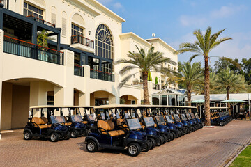 Luxury Golf Resort with Line of Golf Carts and Palm Trees Elegant golf resort exterior featuring a row of modern golf carts parked
