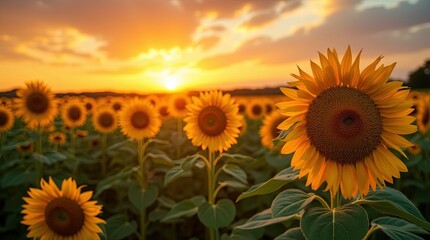 Obraz premium Blooming sunflowers golden heads turned to the sun radiant beauty vitality fields under the blue sky
