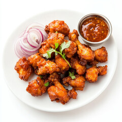 Fototapeta premium A plate of chicken 65, with crispy chicken pieces marinated in spices and deep-fried, served with