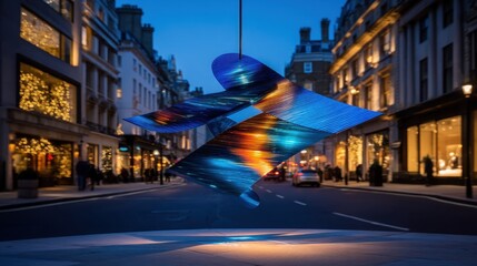 Obraz premium Blue and orange layered abstract sculpture illuminated above city street at twilight with blurred buildings and pedestrians