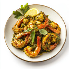 A plate of prawn cafreal, with prawns marinated in a green masala and fried until crispy, isolated