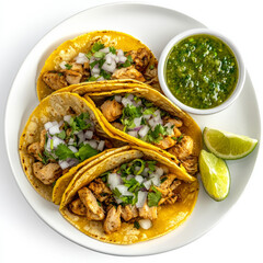 A plate of chicken suadero tacos, chicken suadero served in warm corn tortillas, with onions,