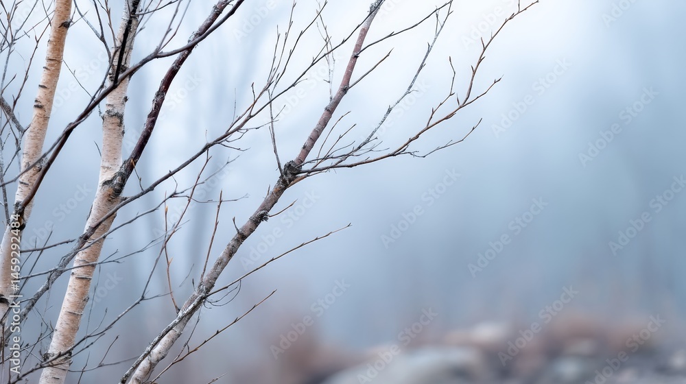 Fototapete slender birch branches arranged on a white backdrop with a misty haze create a soft focus effect. id