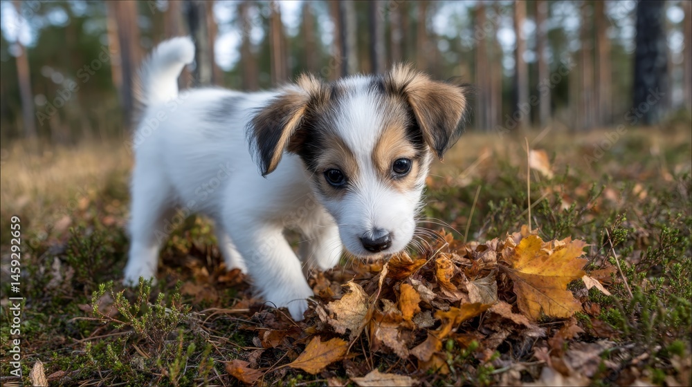 Poster A tiny puppy sniffs through a vibrant pile of autumn leaves on a forest floor, with soft sunlight streaming through tall trees in the background
