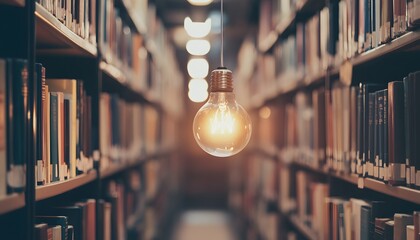 Illuminated pathway through a well-stocked library.