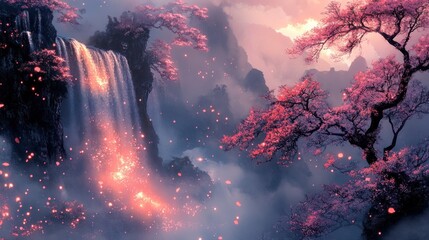 Fototapeta premium Magical waterfall cascading down misty mountains, illuminated by pink blossoms and glowing particles at sunset.
