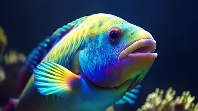 Vibrant, iridescent fish with striking colors and fins, swimming underwater