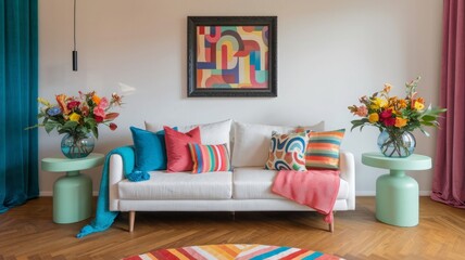 Bright and cheerful modern living room with a cozy white sofa decorated with colorful pillows and blankets, vibrant flower arrangement in a round vase on a mint green side table