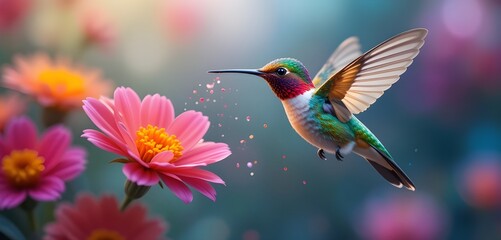 A generative AI illustration of a small hummingbird with vibrant plumage, hovering near a cluster of colorful blooming flowers, set against a softly blurred background.
