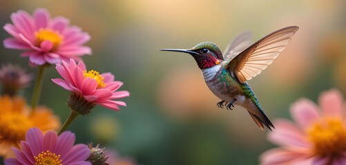 Fototapeta premium A generative AI illustration of a small hummingbird with vibrant plumage, hovering near a cluster of colorful blooming flowers, set against a softly blurred background.