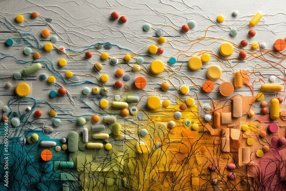 Poster surreal collage depicting bacteria entangled among vibrant medication capsules and prescriptions on 