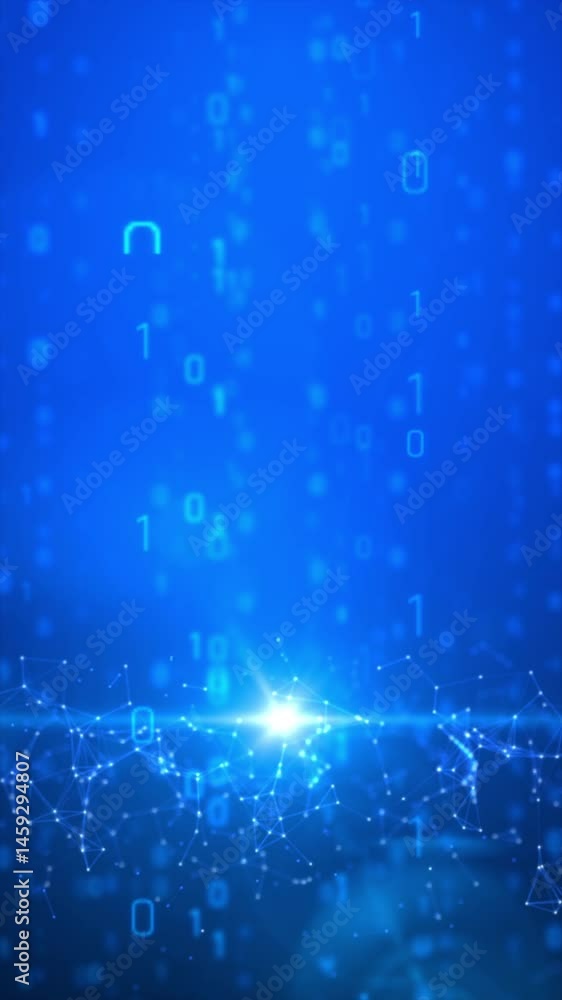 Poster vertical video plexus network background with glowing dots, connected lines, and falling digital num