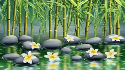 Tranquil scene of smooth stones and white flowers floating on calm water, surrounded by lush bamboo