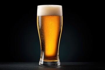 Tall glass of refreshing golden beer with rich foam head on a dark background, ideal for beverage ads, bar promotions, and drink menu covers