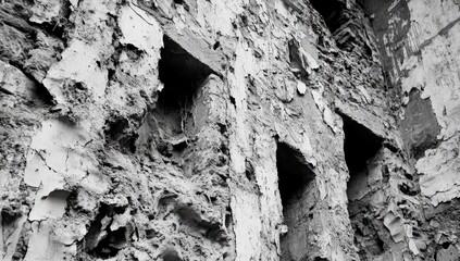 Decaying stone wall, showing extensive damage and deterioration, with recessed openings