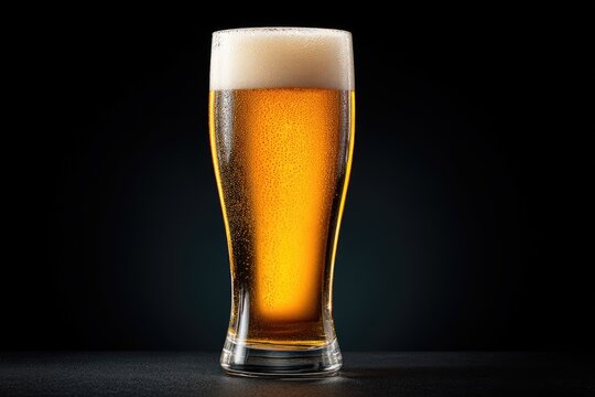 Tall glass of refreshing golden beer with rich foam head on a dark background, ideal for beverage ads, bar promotions, and drink menu covers