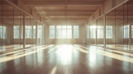 A large room with a lot of windows and a lot of space. The room is empty and has a lot of natural light coming in