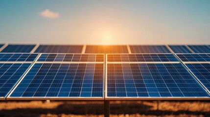 Solar panels converting sunlight into renewable energy at sunset