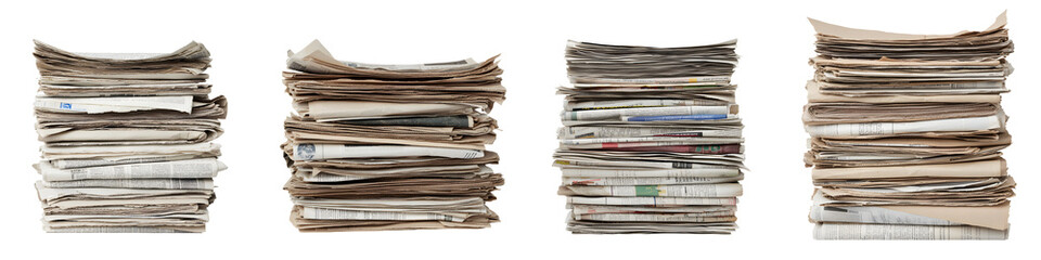 Stacks of newspapers and publications on a white background.