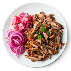A plate of cochinita pibil, slow-roasted pork marinated in achiote paste and citrus juices, served