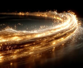 Fractal realms of light arrange the energy of urban motion in a dark cityscape A stream of gold lights swirls and sparkles.