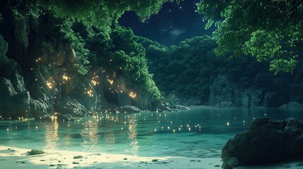 Obraz premium Ethereal Night Cove Glowing Waters and Lush Tropical Foliage