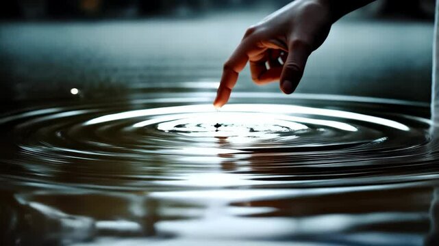 A hand is pointing at a small ripple in the water