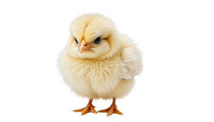 Fluffy whiteheaded chick with bright yellow legs explores the farm adorable