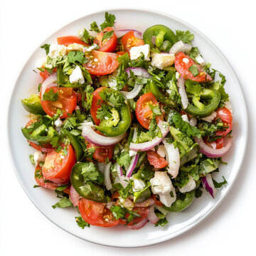 A vibrant plate of nopalitos salad, a refreshing salad with cactus paddles, tomatoes, onions,