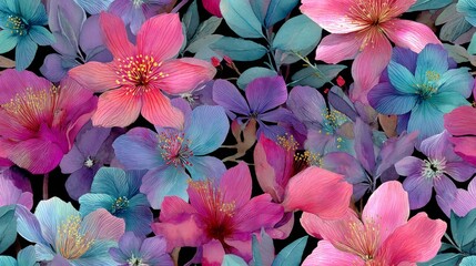 Seamless floral pattern with vibrant watercolor-style flowers in pink, blue, and purple tones on a dark background