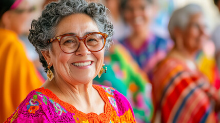 Joyful senior Hispanic woman celebrating with friends at cultural event