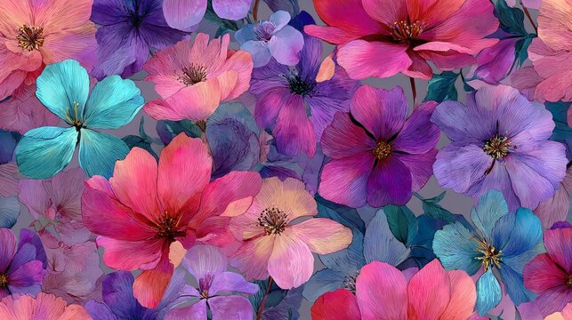Seamless floral pattern with vibrant watercolor-style flowers in pink, blue, and purple tones on a dark background