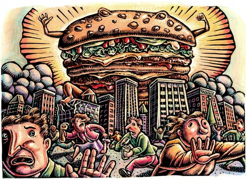 giant hamburger rises over a cityscape as people flee
