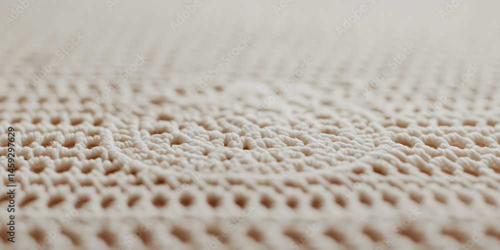 Poster close-up of an intricately textured, beige crocheted textile featuring repeating circular patterns a