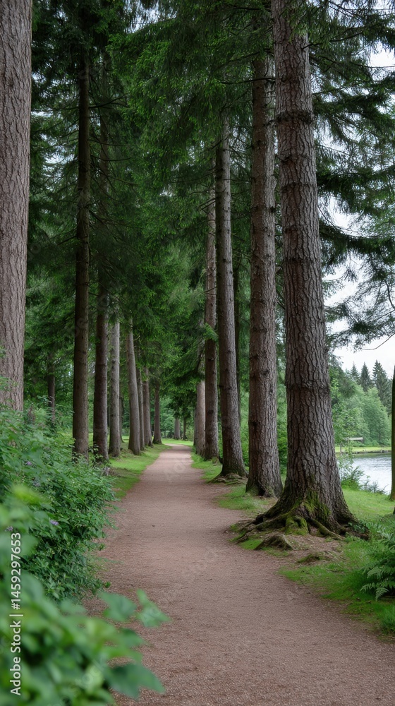 Poster Path Through a Serene Forest Lined with Towering Evergreen Trees and Lush Greenery
