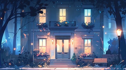 simple house at night with glowing windows, colorful anime style