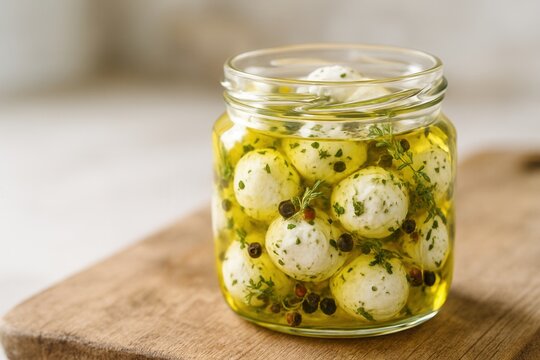 Herb marinated goat cheese balls in glass jar on rustic wooden board