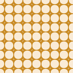 Simple vector seamless pattern. Elegant yellow and beige abstract geometric ornament texture with circles, lattice, grid. Retro vintage background. Repeating geo design for decor, print, textile, wrap