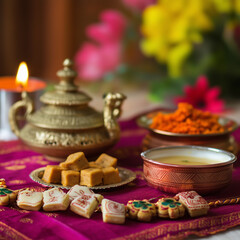 Naklejka premium A beautifully arranged Diwali sweets platter with traditional Indian desserts, dry fruits, and snacks, displayed on an ornate tray with festive lighting.