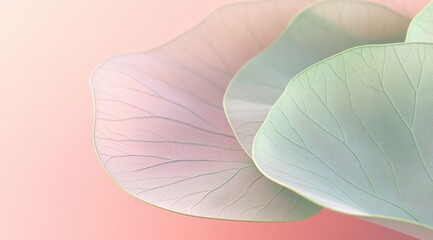 A close-up of the curved shape of an open green lotus leaf on a pink background, with a symmetrical composition